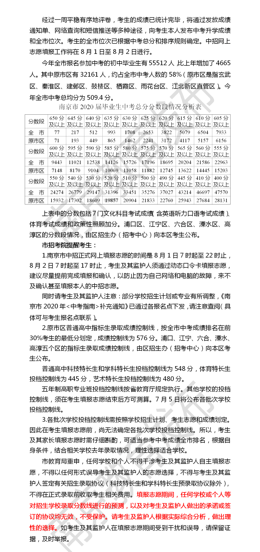 南京市中招投檔控制線揭曉?。▋?nèi)附總分分數(shù)段情況分析表）